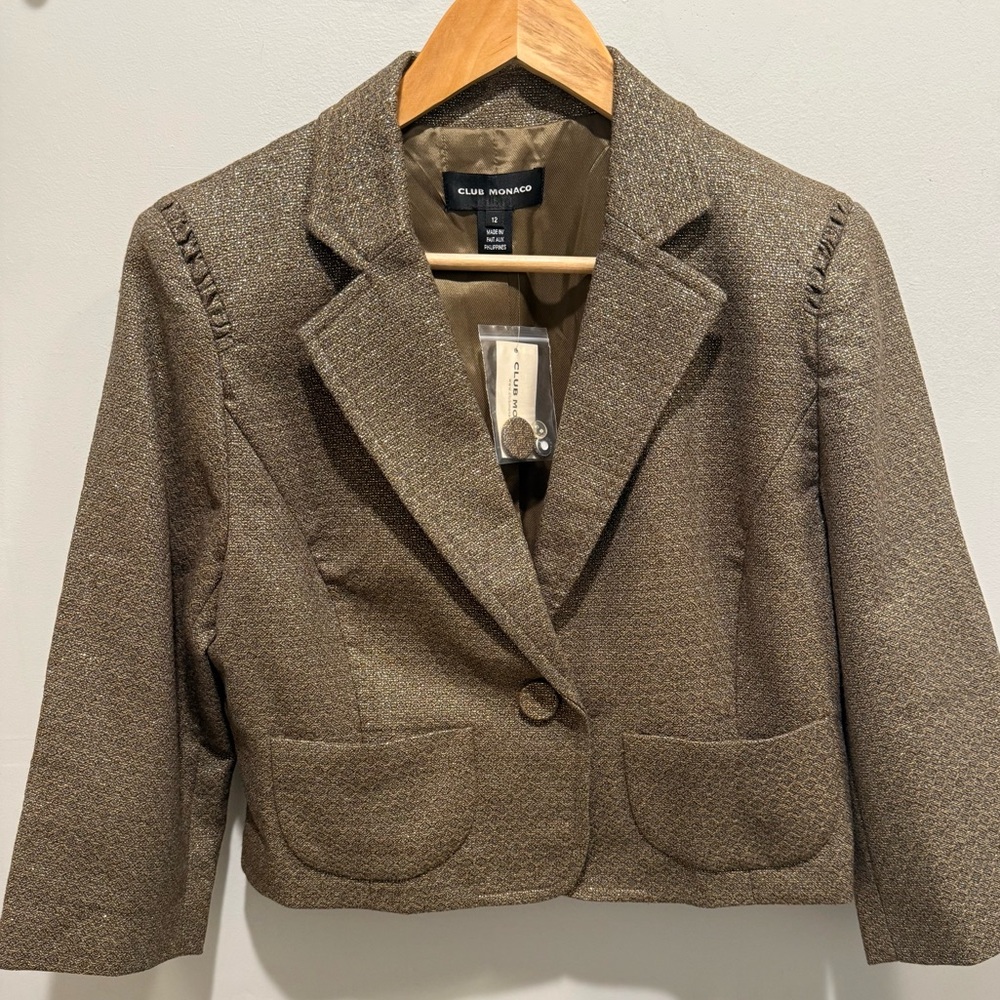 Club Monaco Wool Blend Metallic Cropped Blazer Size 12 3/4 Sleeve